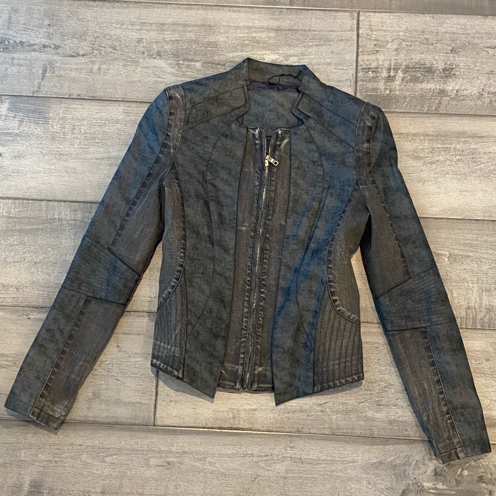Faux leather moto jacket. Gray with tint of blue. Size is small.